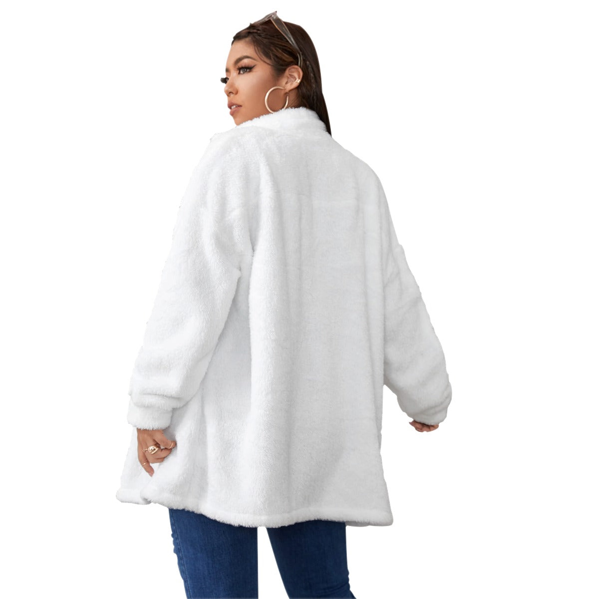 All-Over Print Unisex Borg Fleece Stand-up Collar Coat With Zipper Closure(Plus Size)- White