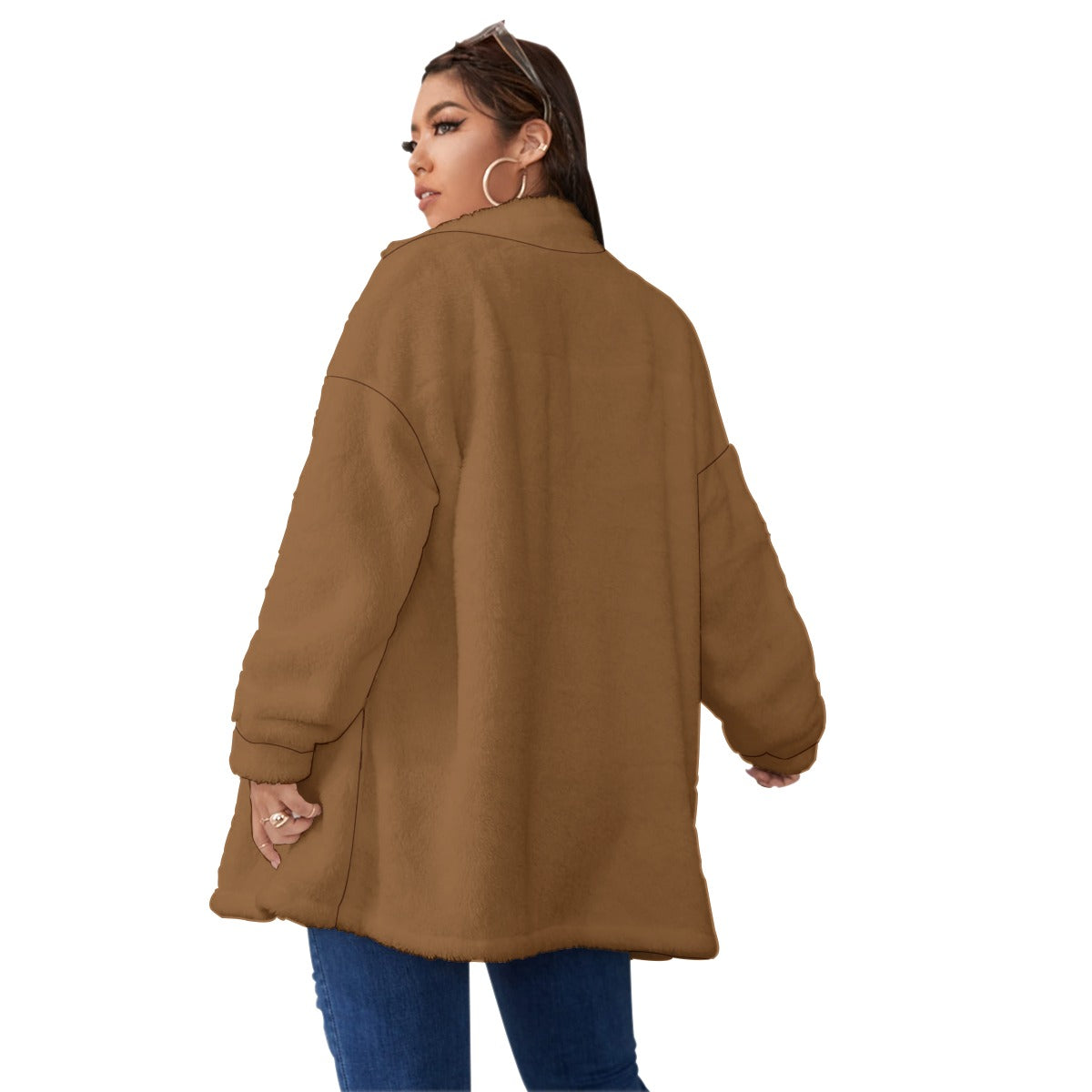 All-Over Print Unisex Borg Fleece Stand-up Collar Coat With Zipper Closure(Plus Size)- Brown