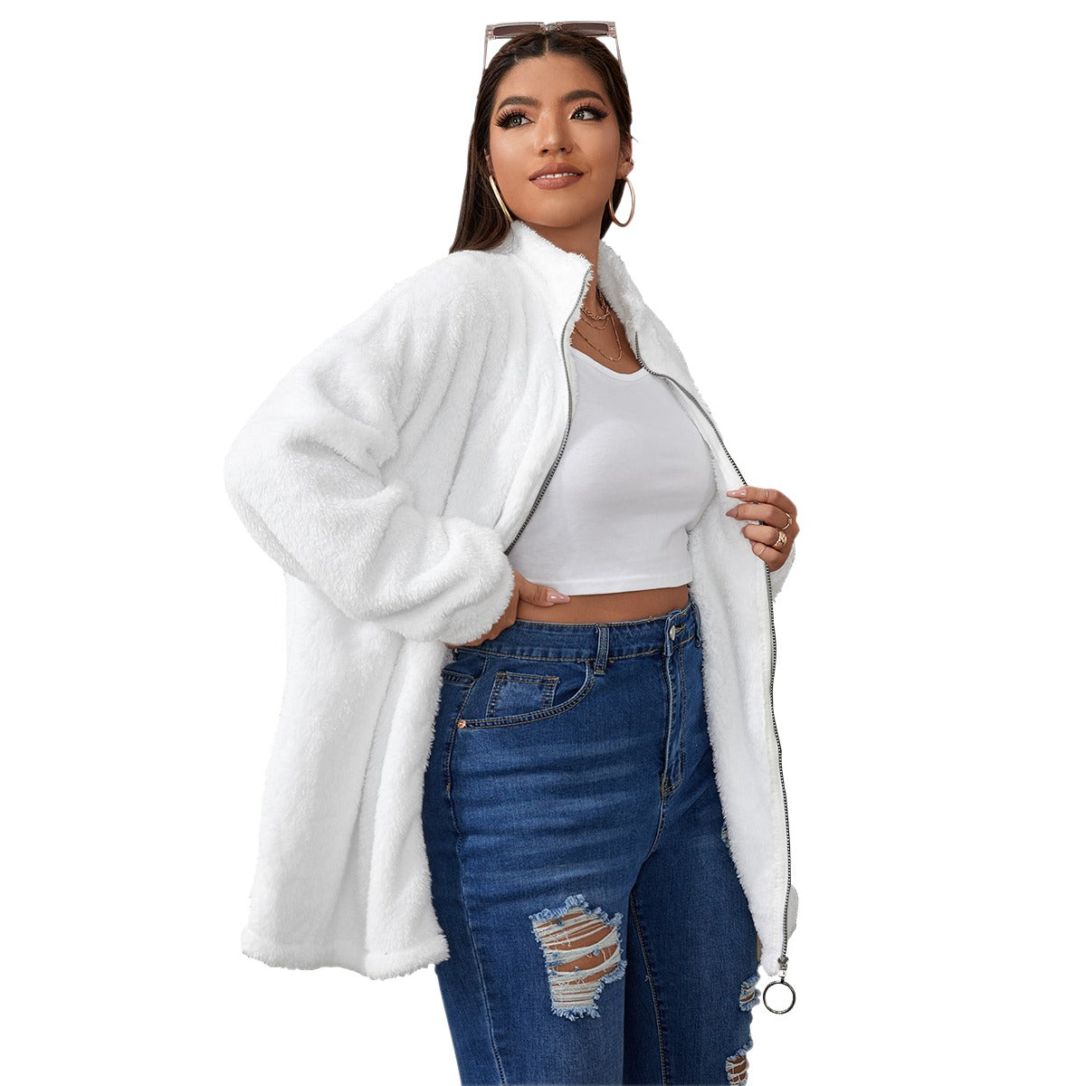 All-Over Print Unisex Borg Fleece Stand-up Collar Coat With Zipper Closure(Plus Size)- White