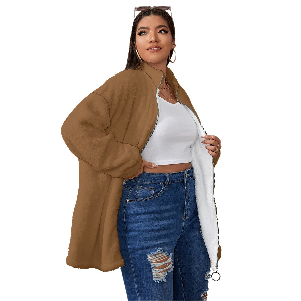 All-Over Print Unisex Borg Fleece Stand-up Collar Coat With Zipper Closure(Plus Size)- Brown