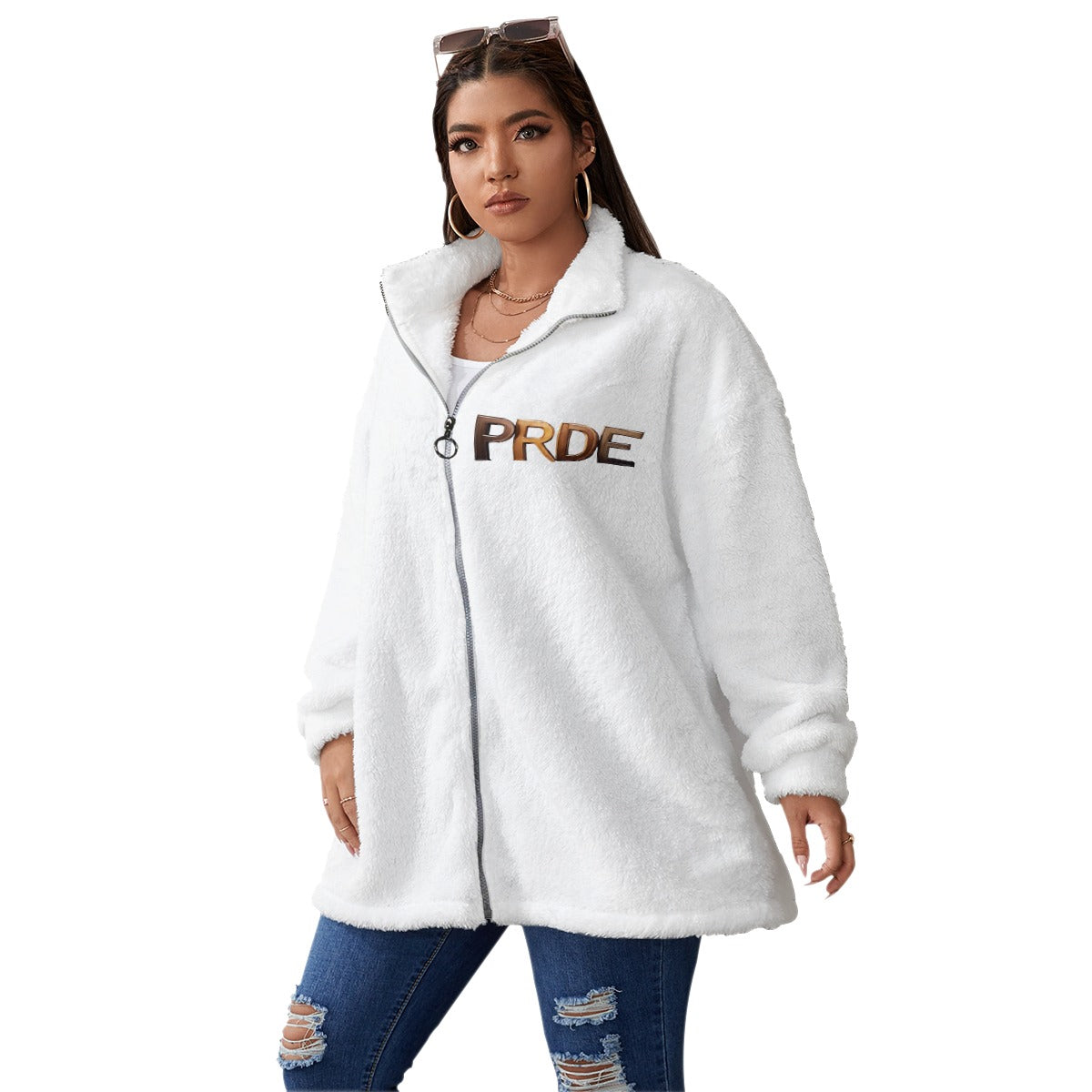 All-Over Print Unisex Borg Fleece Stand-up Collar Coat With Zipper Closure(Plus Size)- White