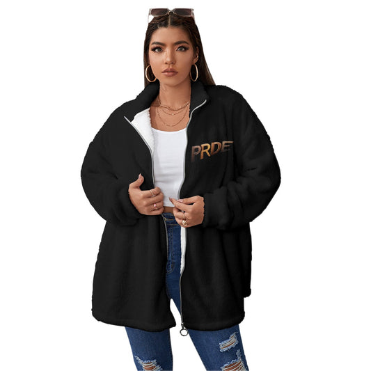 All-Over Print Unisex Borg Fleece Stand-up Collar Coat With Zipper Closure(Plus Size)-Black