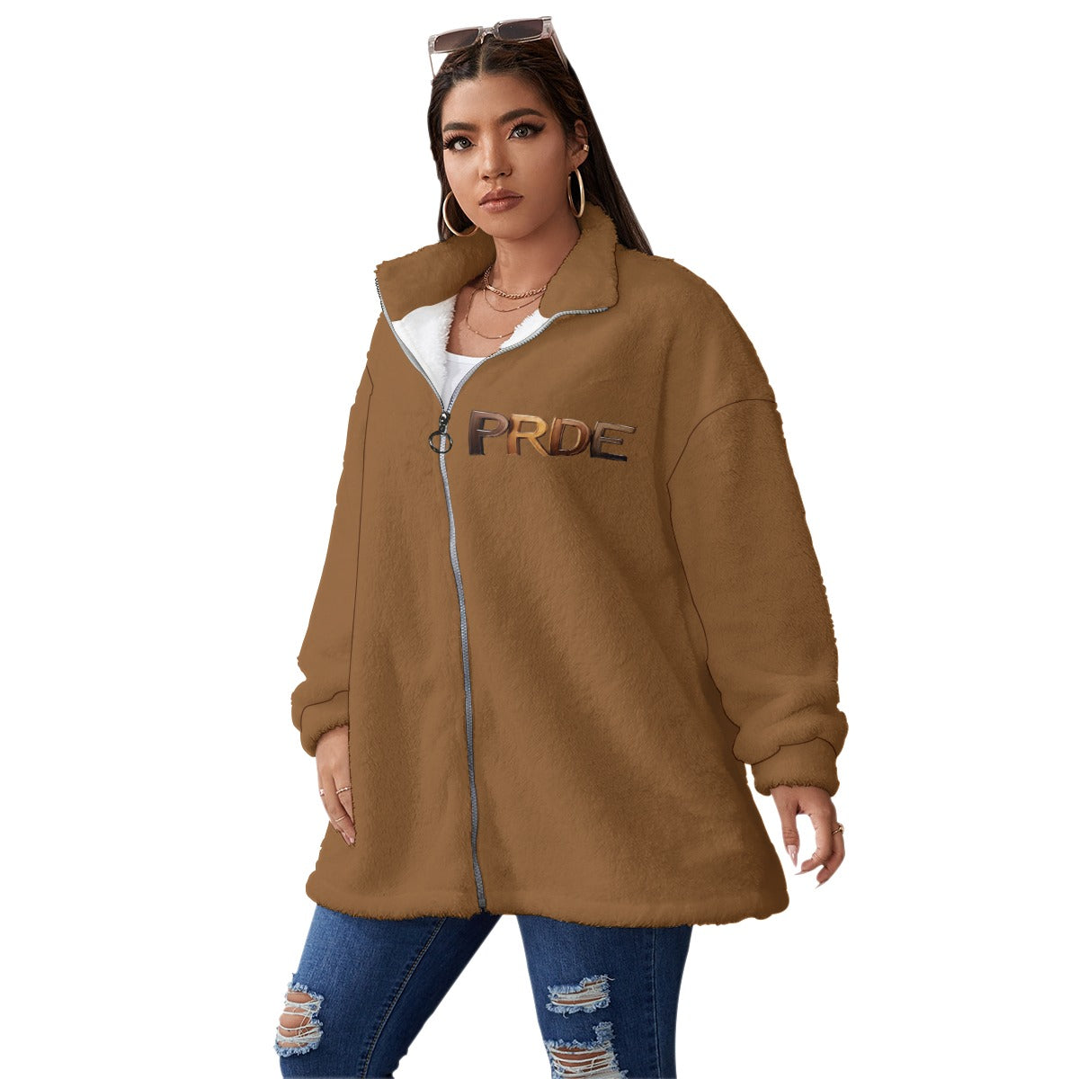 All-Over Print Unisex Borg Fleece Stand-up Collar Coat With Zipper Closure(Plus Size)- Brown