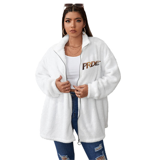 All-Over Print Unisex Borg Fleece Stand-up Collar Coat With Zipper Closure(Plus Size)- White